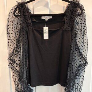 LOFT Dotted Ruffle Tulle Sheer Sleeve Black Top NWT